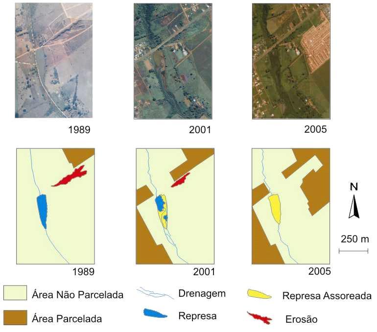 Figura 2: Análise temporal do assoreamento da Represa do Silvestre no período 1989-2005. Na parte superior estão as imagens e, na parte inferior da figura, os mapas elaborados a partir das imagens.