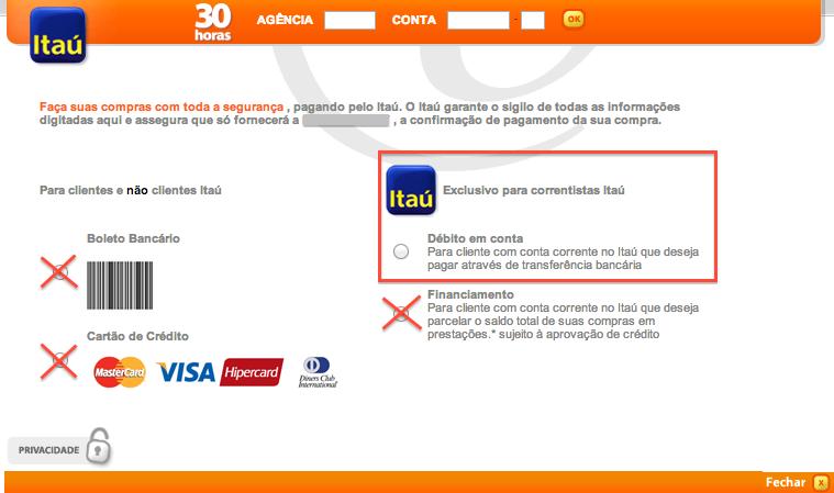 Meios de pagamento no Itaú Shopline O sistema Itaú Shopline possui diversos meios de pagamento, como Transferência Bancária, Crediário, Boleto e Cartão de Crédito via Rede.