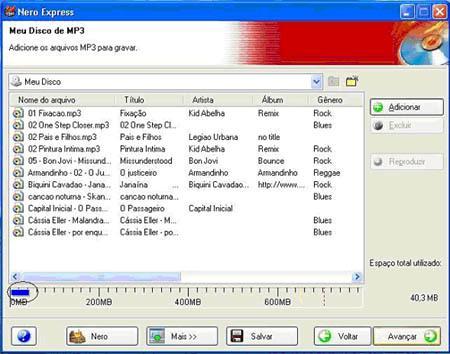 MP3s selecionadas para a gravação: Após ter selecionado as músicas, o Nero vai voltar nesta tela trazendo as musicas que você selecionou e adicionou para efetuar a gravação.