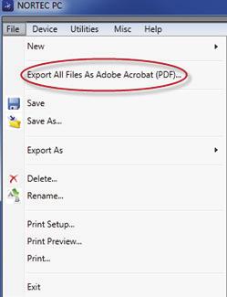 Para criar um arquivo PDF único a partir de dados selecionados Selecione o arquivo no painel esquerdo da janela NORTEC PC (veja Figura 6-14 na página 246) e, em seguida, selecione Export As > PDF