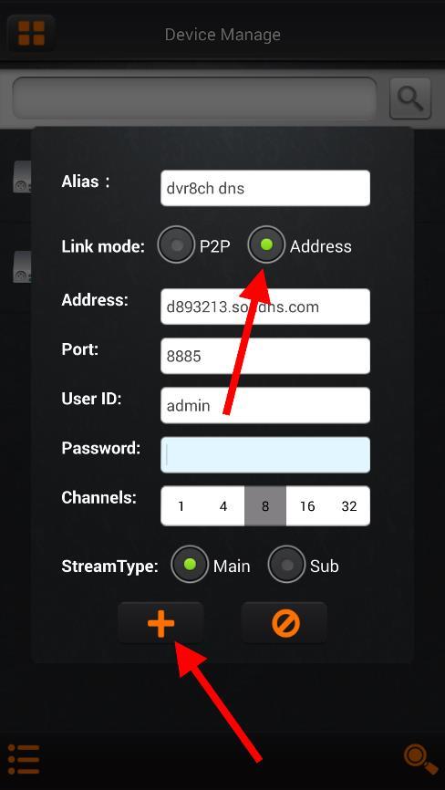 identificar o DVR. Link mode: P2P ou Address (para usar DDNS, selecionar Address. Address: o endereço DDNS configurado no passo 6 do DVR.