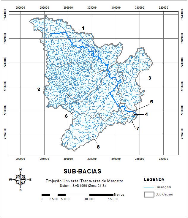As diferentes bacias consideradas quando da divisão da área de estudo estão indicadas na Figura 13, figura gerada pela ferramenta Hydrology Modeling do ArcGIS 9.