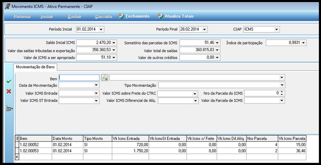 1 PARA TESTE: Lance o movimento de CIAP para o mês anterior ao mês último finalizado, registre um Bem manualmente com valores a escolher e um