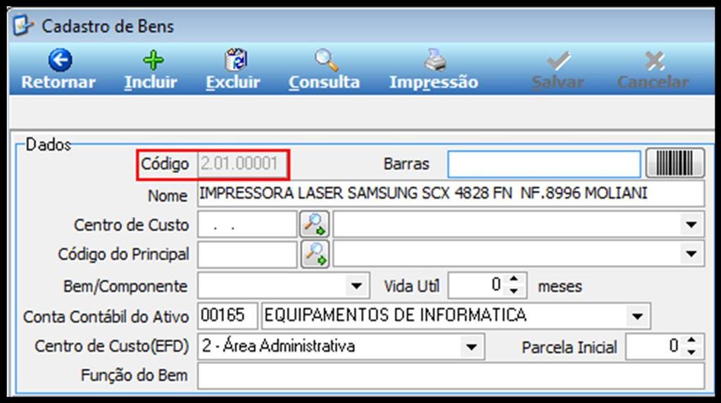 Figura 2 Cadastro de Bens - Código do Bem.