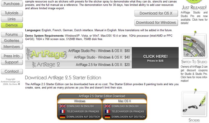 Para descarregar o software clicamos em Demos que se encontra no menu vertical do lado esquerdo. Figura 1 Página inicial do ArtRage 3.
