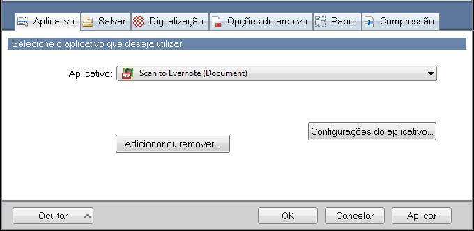 Ações (Windows) 3. Altere as configurações para [Scan to Evernote (Document)] (caso não deseje alterar as configurações, vá ao passo 4.). 1. Clique o botão [Configurações do aplicativo].