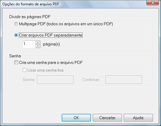 Usando o ScanSnap de várias formas (Windows) 3. Selecione [Criar arquivos PDF separadamente (n) página(s)] e insira o número de páginas em que deseja dividir.