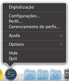 Menu do ScanSnap Manager Ícones e operações do ScanSnap Manager (Mac OS) Este menu será exibido ao clicar o ícone do ScanSnap Manager [control] estiver sendo pressionada.