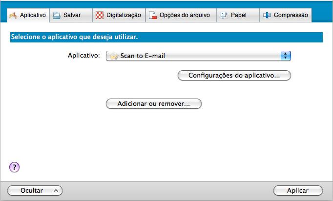 Ações (Mac OS) 3. Altere as configurações para [Scan to E-mail] (caso não deseje alterar as configurações, vá ao passo 4.). 1. Clique o botão [Configurações do aplicativo].