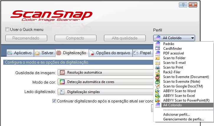 Configurando o ScanSnap Manager (Windows) Alterando as configurações dos perfis 1. Pelo Menu do botão direito, selecione [Configurações do botão Scan].