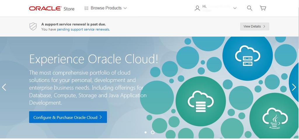 Após criar o perfil da Oracle Store, você será levado para a página inicial da Oracle Store. Agora você poderá acessar suas renovações de Serviços de Suporte da Oracle.