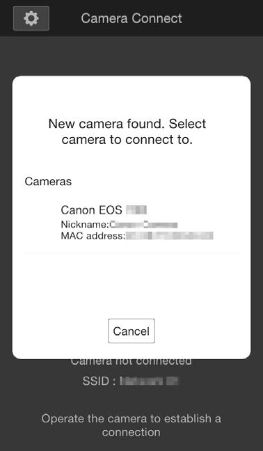 Quando aparecer o ecrã [A aguardar ligação] no LCD da câmara, inicie o Camera Connect no smartphone. 2 Selecione a câmara à qual pretende ligar no smartphone.