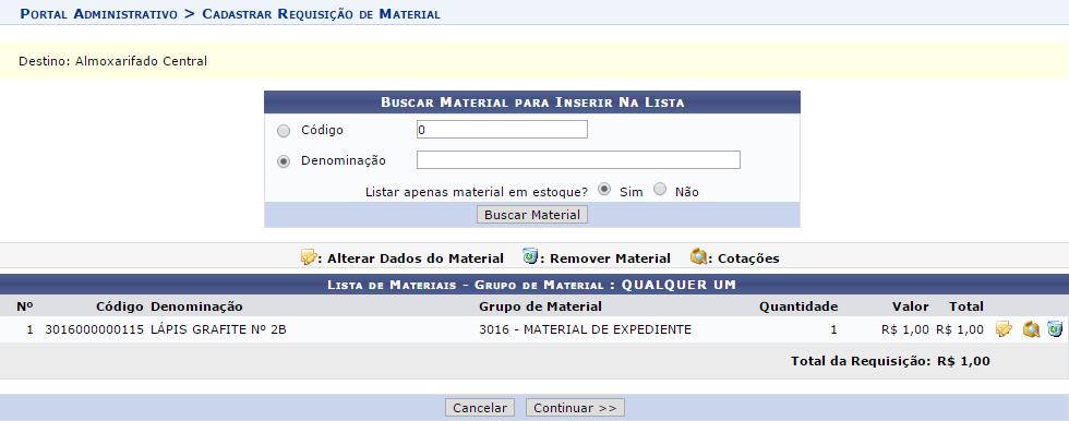 Após inserir todos os materiais, ir ao botão Continuar >>. 1.7.