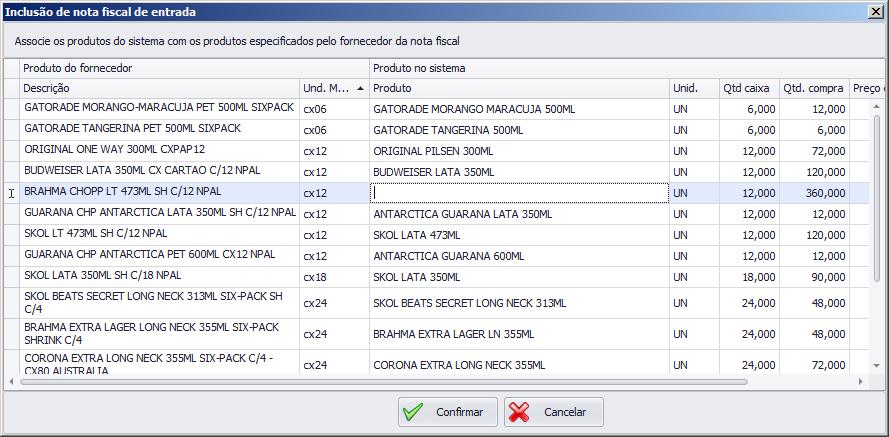 Observação: Importante associar os produtos e a quantidade de caixas corretamente. Na coluna Produto no sistema o produto pode ser localizado pelo nome ou código de barras.