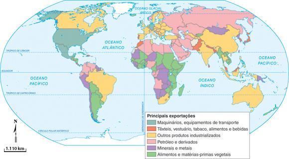 Questão 8 Observe o mapa. Planisfério: estrutura das exportações Fonte: FERREIRA, Graça Maria Lemos. Atlas geográfico: espaço mundial. 3. ed. São Paulo: Moderna, 2010. p. 51.