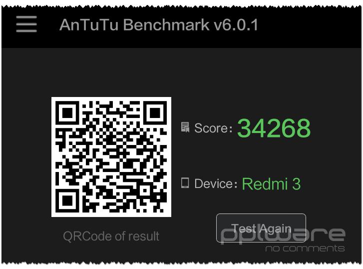 Em termos de pontuação no AnTuTu v6.0.2, o Redmi 3 obtém 34268 pontos, um valor muito interessante considerando que é a entrada de gama da Xiaomi.