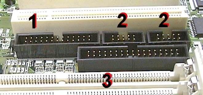 Figura 3.23 Conector para drives de disquetes, porta paralela, COM1 e COM2.