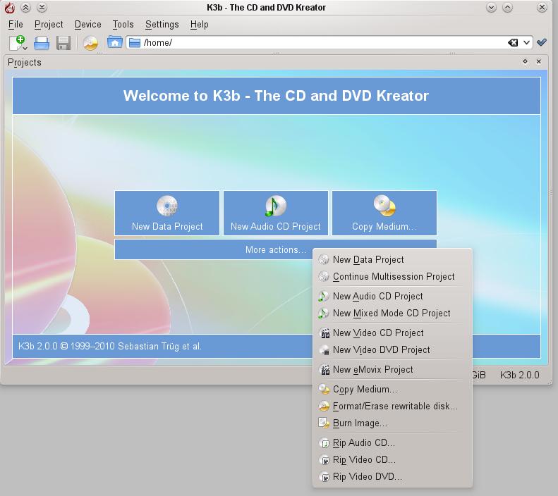 Capítulo 3 Configurar a Interface do Utilizador Depois do arranque do K3b, ser-lhe-ão oferecidos arranques rápidos para os três processos mais conhecidos Novo Projecto de Dados Novo Projecto de CD de