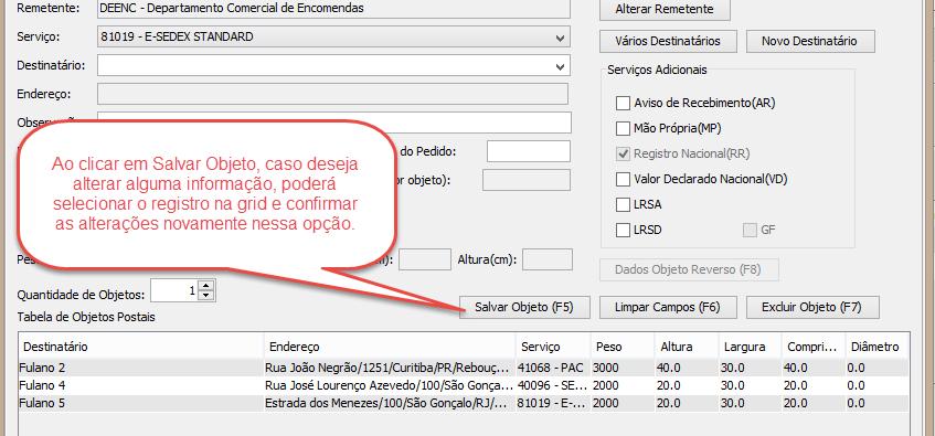 Observe que para cada destinatário foi vinculado o serviço desejado. Clicar em Salvar PLP 14.