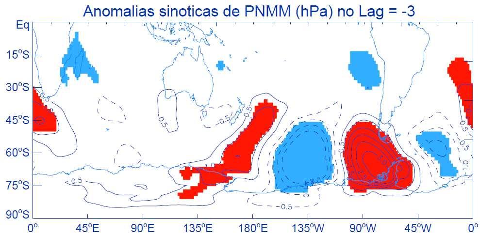A anomalia de PNMM foi negativa (positiva) no oeste e positiva (negativa) no leste dos MBA e na Península Antártica, associada com as anomalias de ventos de leste (de oeste) e de norte (de sul).