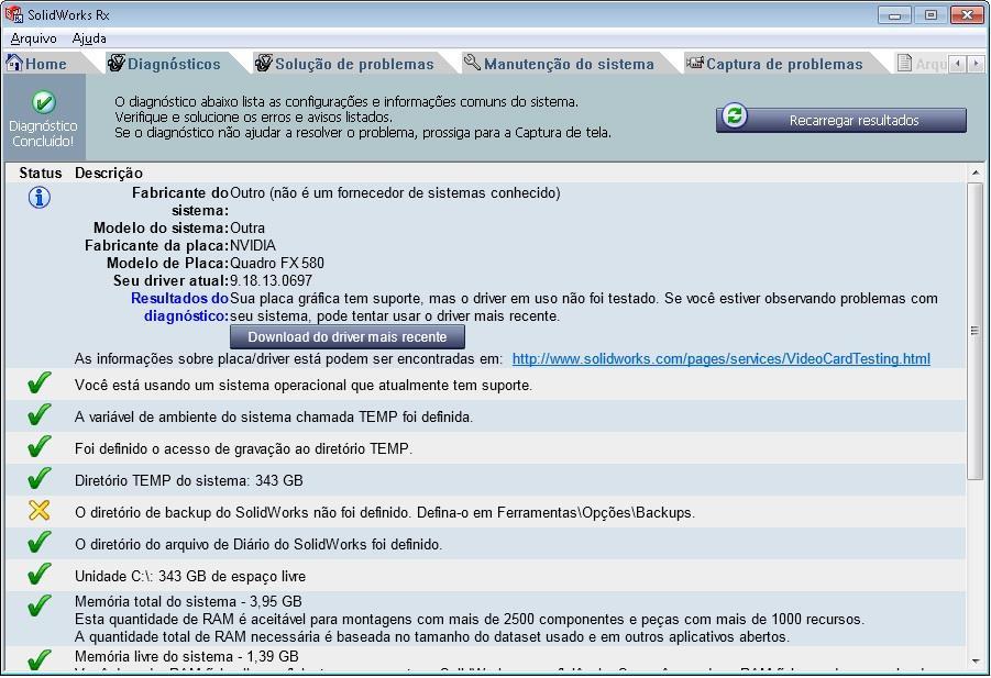 A guia Diagnósticos lista as configurações e informações mais comuns do sistema. Também lista possíveis erros que podem afetar o desempenho do sistema.