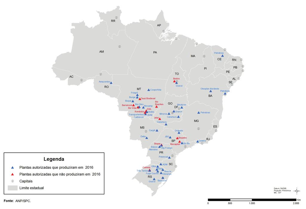 Figura 15 Unidades produtoras de biodiesel. Fonte: Anuário Estatístico ANP 2017.