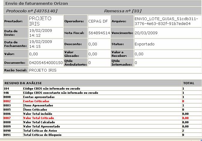 Protocolo de Envio (Plataforma Dativa) Este número deverá ser utilizado para controle do prestador quando solicitar alguma informação à CASSI, sobre a remessa eletrônica. 6.