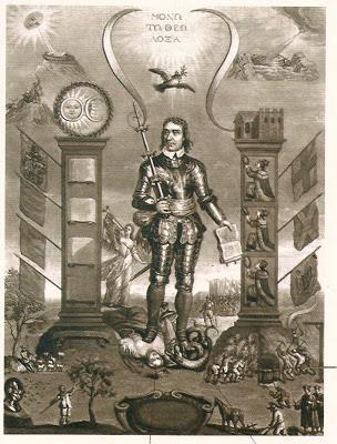 Oliver Cromwell foi o principal líder da revolução puritana, ao centro a mensagem em grego: crer em um só Deus, na mão direita uma bíblia símbolo do puritanismo, uma pessoa e uma serpente sendo
