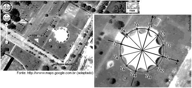 5. (Ufsm 01) Observe a vista aérea do planetário e a representação, no plano Argand- Gauss, dos números complexos z 1, z,..., z 1, obtida pela divisão do círculo de raio 1 em 1 partes iguais.