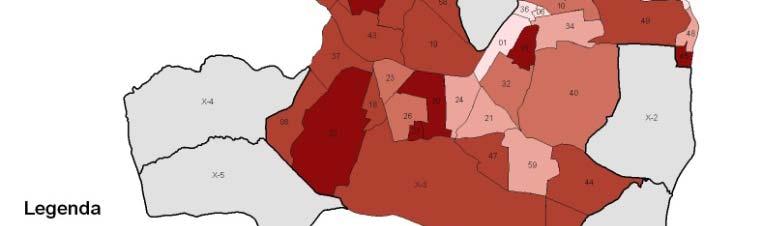 mapa 38 bairros de João Pessoa pela incidência % de responsáveis de domicílios com até 3 anos de estudo. Censo IBGE, 2000.