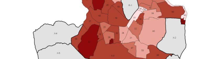 mapa 44 bairros de João Pessoa pela incidência % de responsáveis de domicílios não alfabetizados Censo IBGE, 2000.