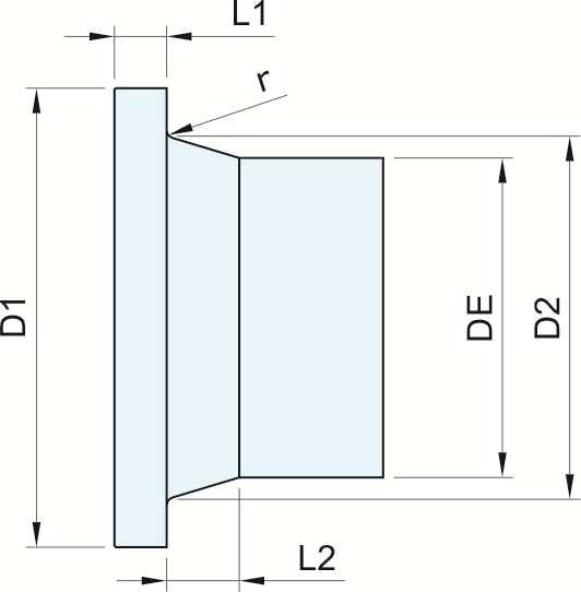 Colarinho (Adaptador de Flange) COLARINHOS PARA FLANGE NORMA DIN 16963 PN 10 DE D 1 D 2 L 1 min L 2 r 20 45 27 7 22 2.0 25 58 33 9 22 2.0 32 68 40 10 22 2.0 40 78 50 11 22 2.0 50 88 61 12 22 2.