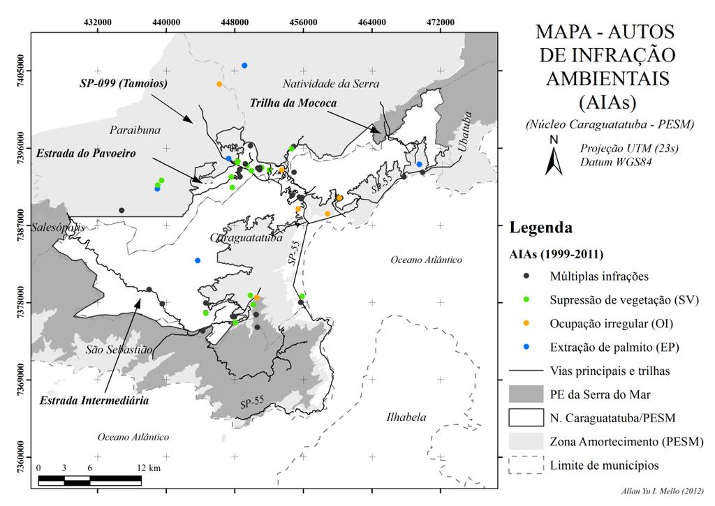 Figura 6 Distribuição dos Autos de Infração Ambiental (AIAs) na região do Núcleo Caraguatatuba (NuCar) do PE da Serra do Mar (PESM), segundo os AIAs que