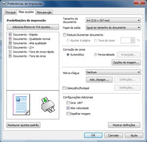 Opções de impressão em frente e verso - Windows Você pode selecionar qualquer opção disponível na janela Definições de Impressão frente e verso para configurar o trabalho de impressão frente e verso.