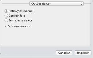 3. Selecione Opções de cor no menu suspenso na janela de impressão. Observação: As opções disponíveis no menu de opções de cores dependem da opção selecionada no menu de Compatibilidade de Cor. 4.