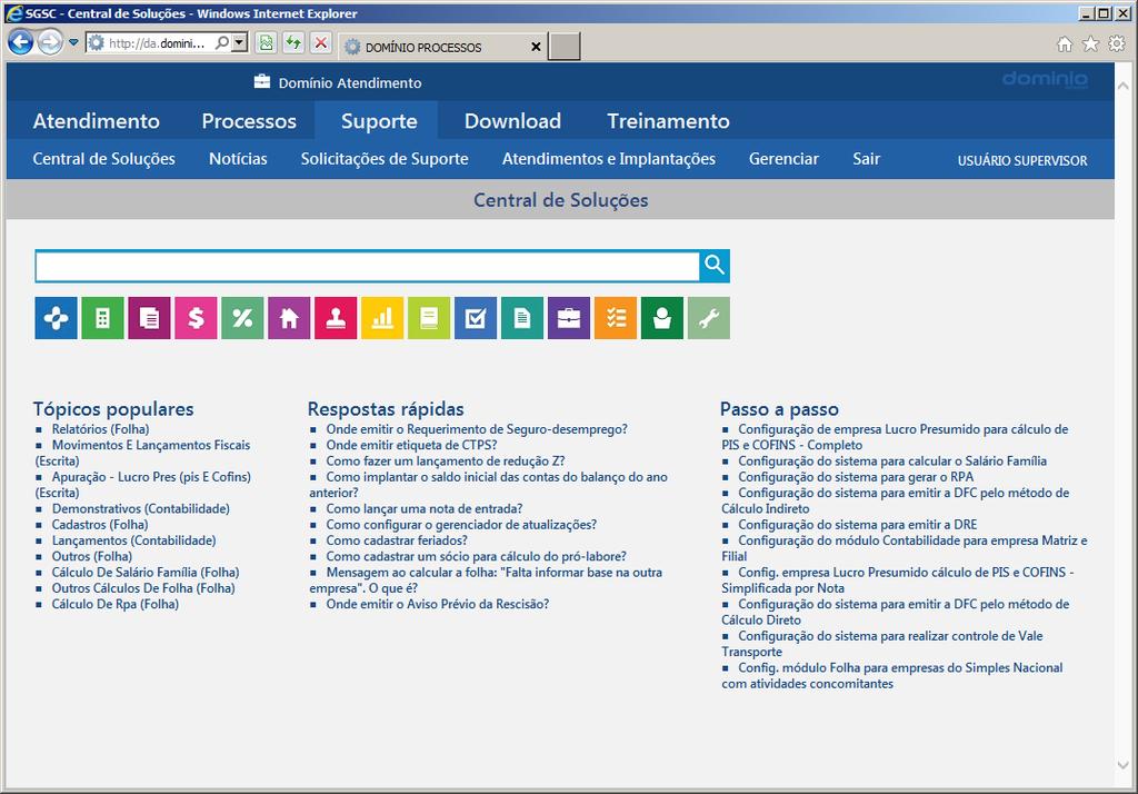 20. Central de Soluções No módulo Domínio Atendimento a opção Central de Soluções, disponibiliza informações relacionadas aos módulos do Domínio Contábil Plus, possibilitando verificar os tópicos