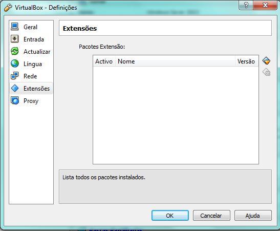 A janela VirtualBox Definições encontramos nele varias configurações, neste caso vamos dar um click na configuração