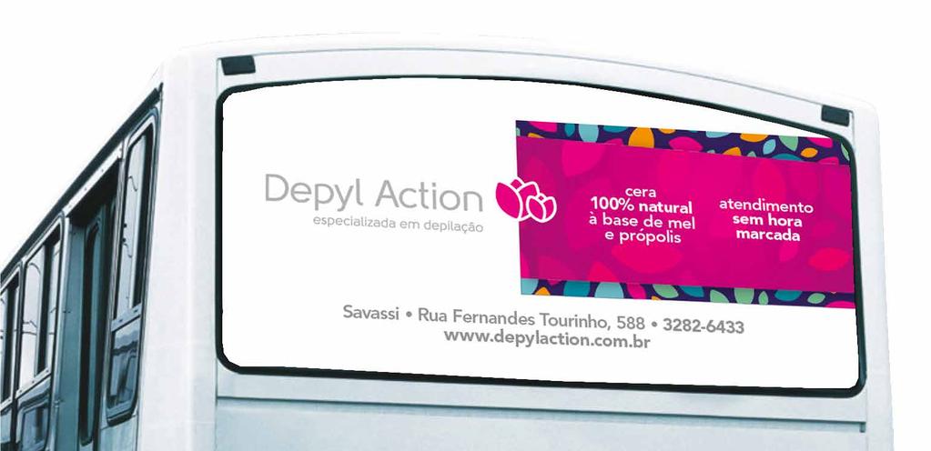 Busdoor Mídia móvel que leva a marca Depyl Action atrás dos veículos coletivos.