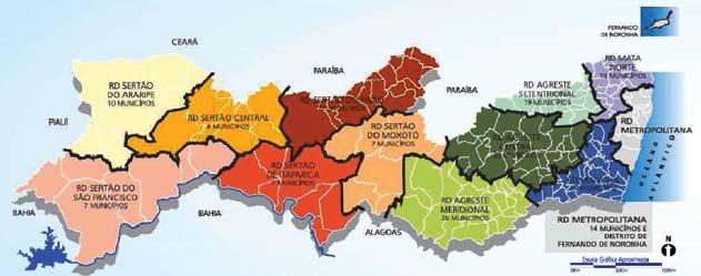 Regiões de Desenvolvimento O território de Pernambuco está dividido em 12 Regiões de Desenvolvimento (RDs), de acordo com suas características ambientais, socioeconômicas, culturais e geográficas,