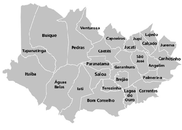 Região de Desenvolvimento Agreste Meridional A RD Agreste Meridional é constituída pelos municípios Tupanatinga, Itaiba, Buique, Águas Belas, Pedras, Venturosa, Iati, Paranatama, Caetes, Capoeiras,