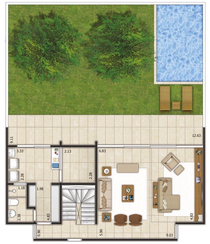 Piso Subsolo Casa 326m² Sala de estar Área de serviço Área externa privativa Piso Térreo Casa