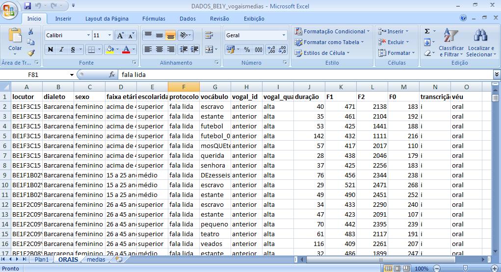 Figura 04. Janela do Excel demonstrando como é feita a organização dos dados.