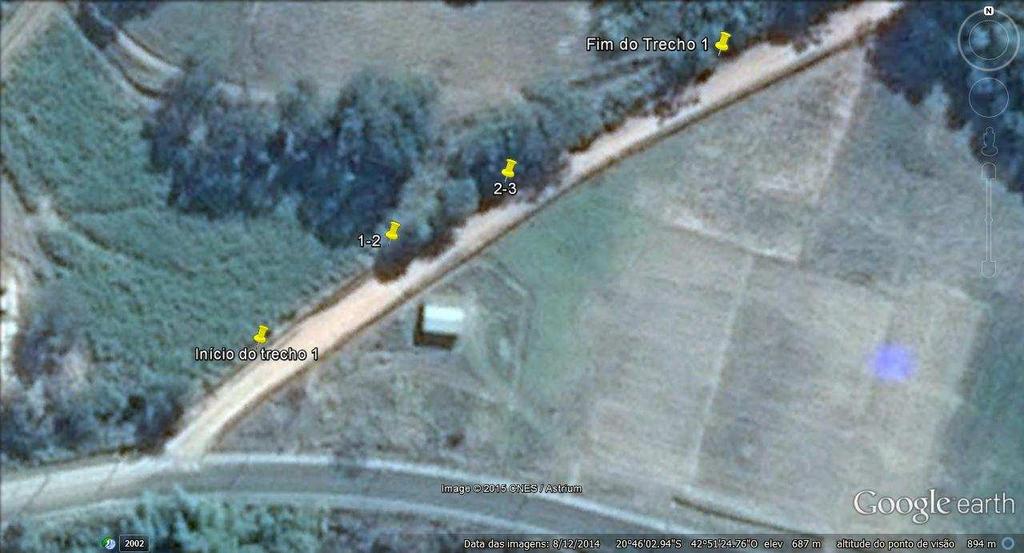Figura 30: Marcação do trecho 1 na estrada de terra investigada no município de Viçosa-MG.