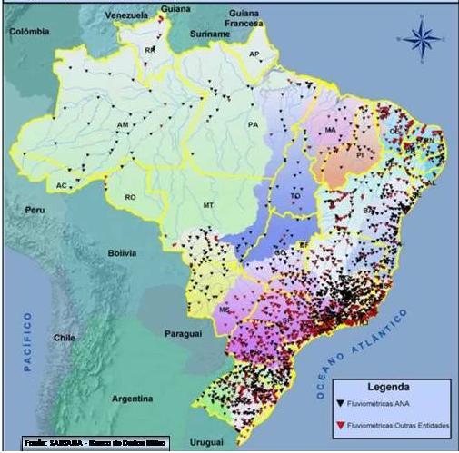 localização das estações fluviométricas no Brasil até o ano de 970. Até 2007, a rede hidrometeorológica nacional apresentava 5275 estações fluviométricas, como mostra a Figura.2. Tabela.