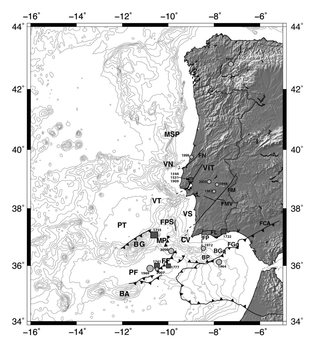 758 Geologia de Portugal Figura 5. Sismos históricos e instrumentais significativos ocorridos em Portugal Continental e margem atlântica discutidos no texto e listados na tabela 3.