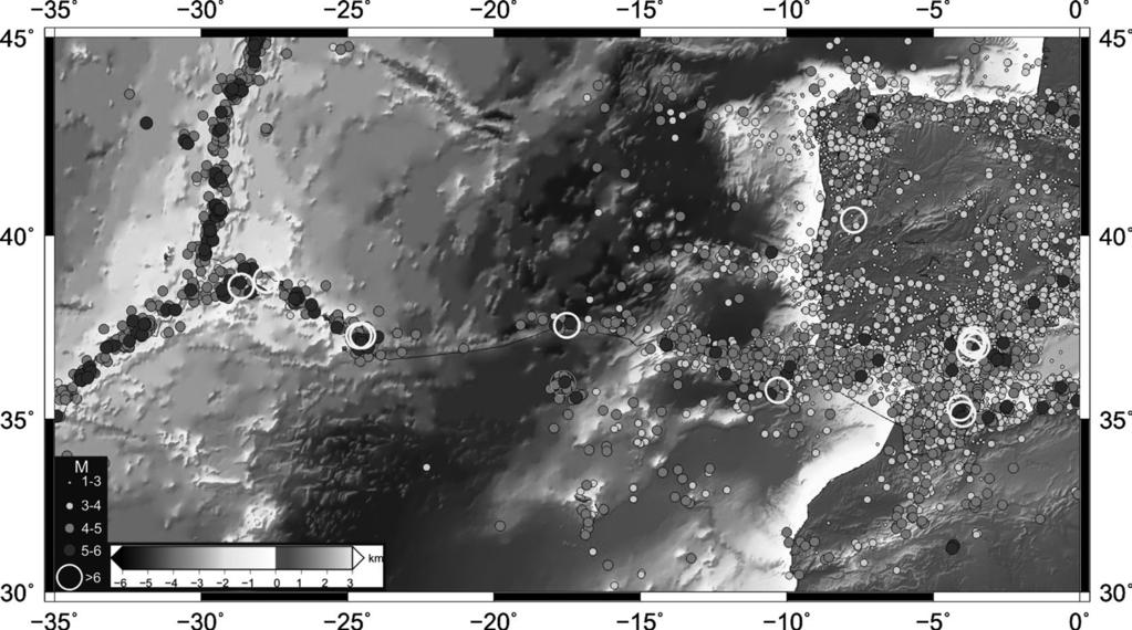 748 Geologia de Portugal Figura 1. Sismicidade ao longo da parte oeste da fronteira de placas Eurasia-Núbia para o período 1973-2011 (base de dados do USGS).