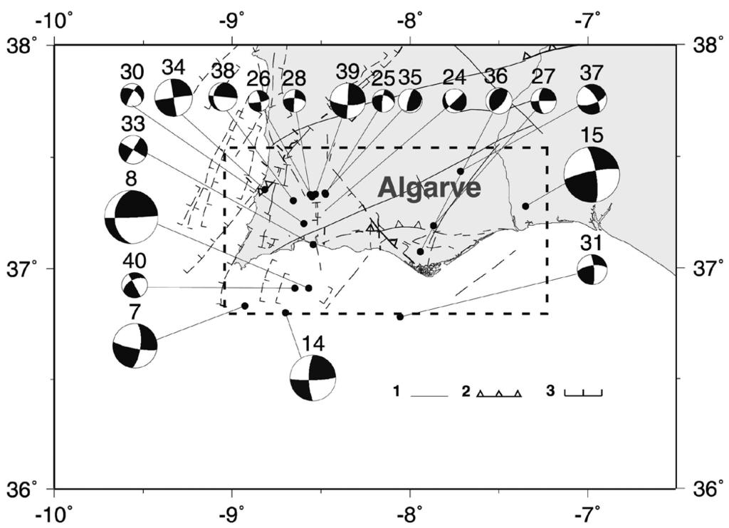 Fontes sísmicas ao longo da fronteira de placas tectónicas entre os Açores e a Argélia 767 Figura 9. Detalhe da faixa algarvia representada na figura 8 (A4).