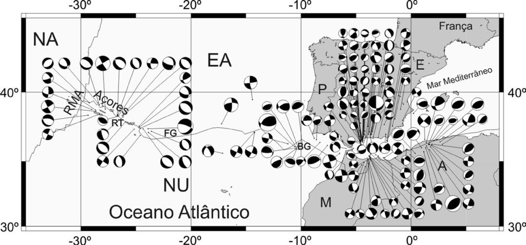 770 Geologia de Portugal Figura 11. Mecanismos focais, na parte oeste do limite das placas Eurásia-Núbia, para sismos superficiais (h < 40 km) e mb 5.0, antes de 1975 e mb 4.