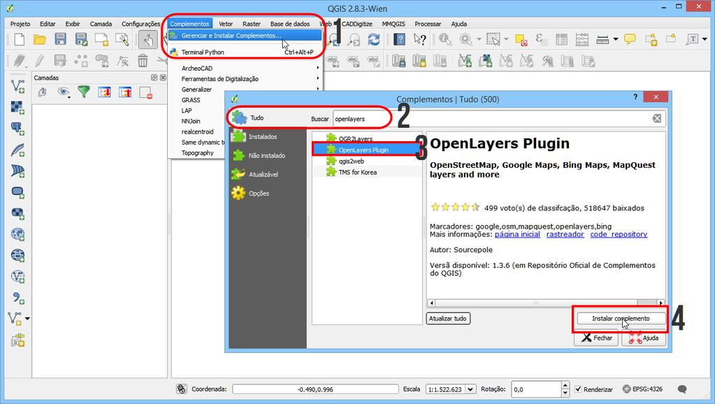 Instalação do Complemento OpenLayers 1.1. Primeiros Passos O OpenLayers é um plugin ou complemento que permite adicionar diversas bases de mapas nos projetos do QGIS.