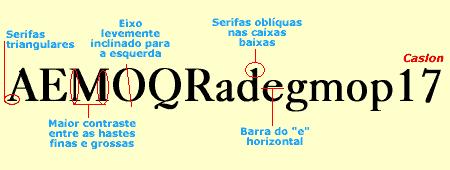 Não há grandes contrastes entre as hastes grossas e finas e as serifas são triangulares, ligadas às hastes por curvas. Nas caixas baixas, as serifas apresentam curvatura pronunciada.